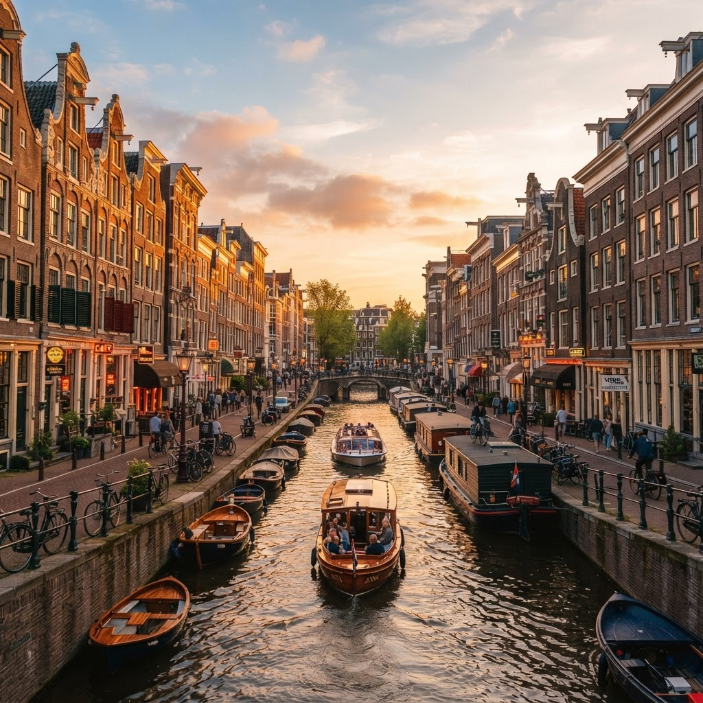 Amsterdam kanalında tekneler ve tarihi binalar
